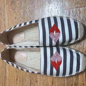 Kate Spade Black and White Striped Espadrilles with Red and Pink Heart Lips